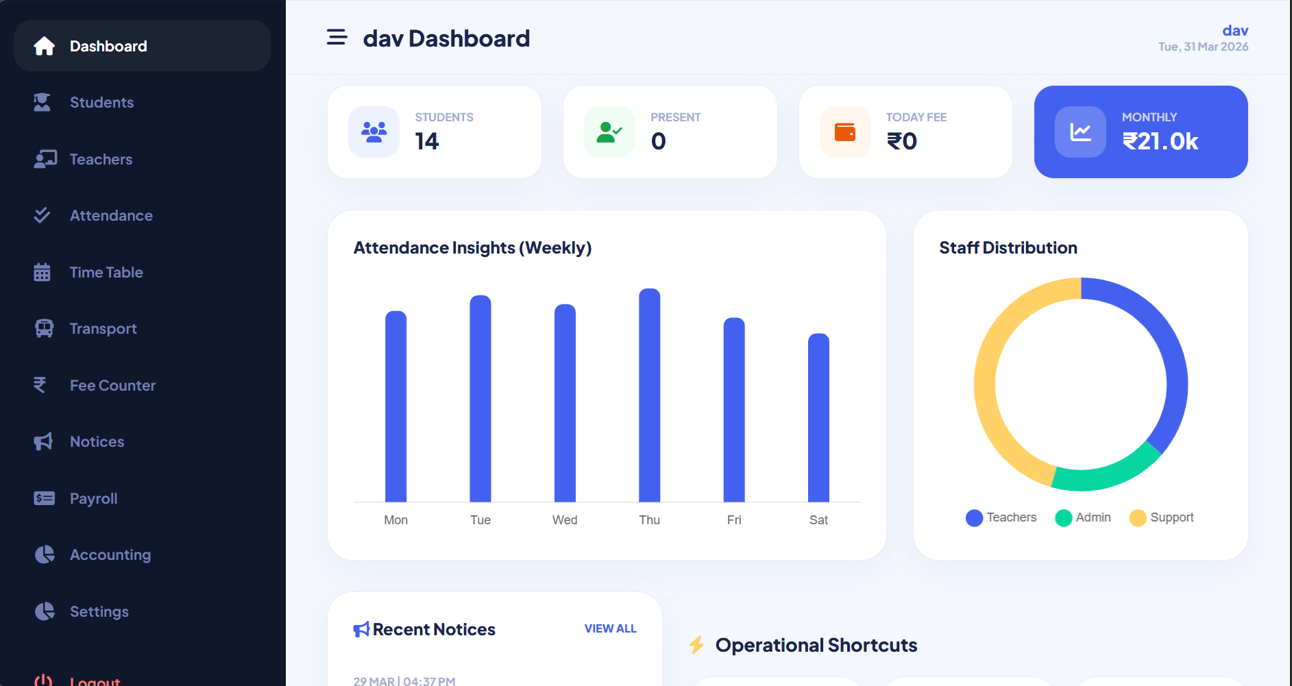 Weproz Schools ERP Management Dashboard