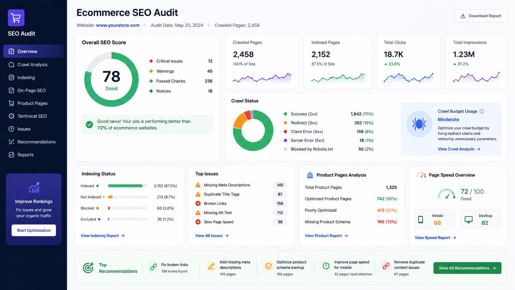 Ecommerce SEO audit showing website indexing technical SEO and product optimization analysis