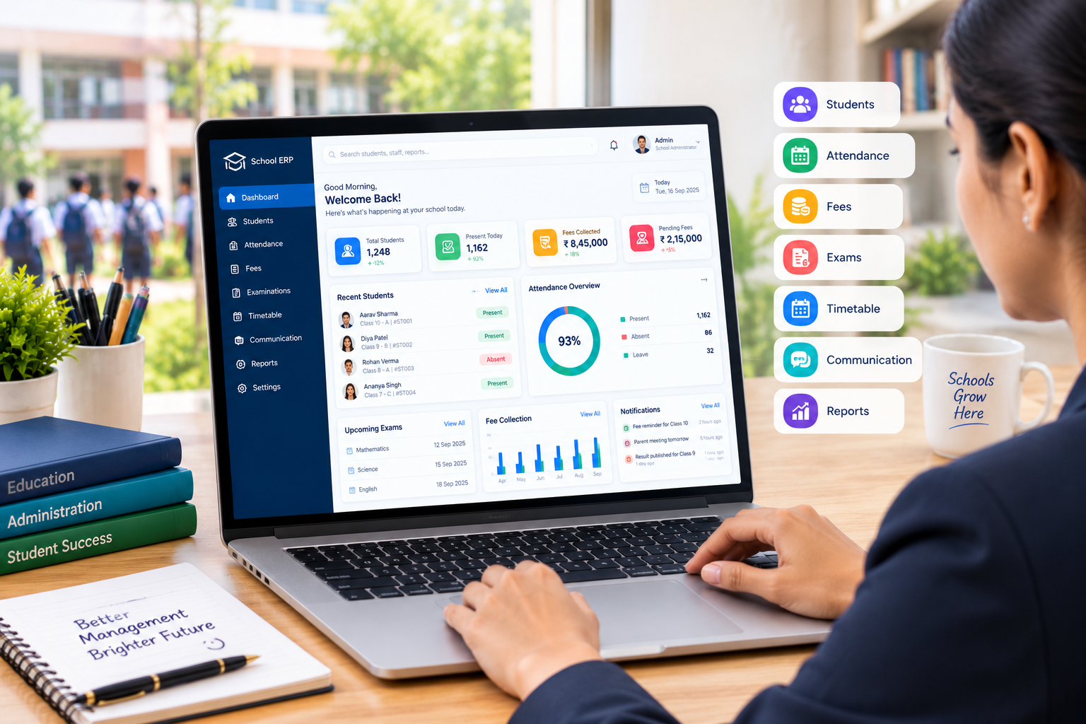 School management software dashboard for managing students, attendance and fees