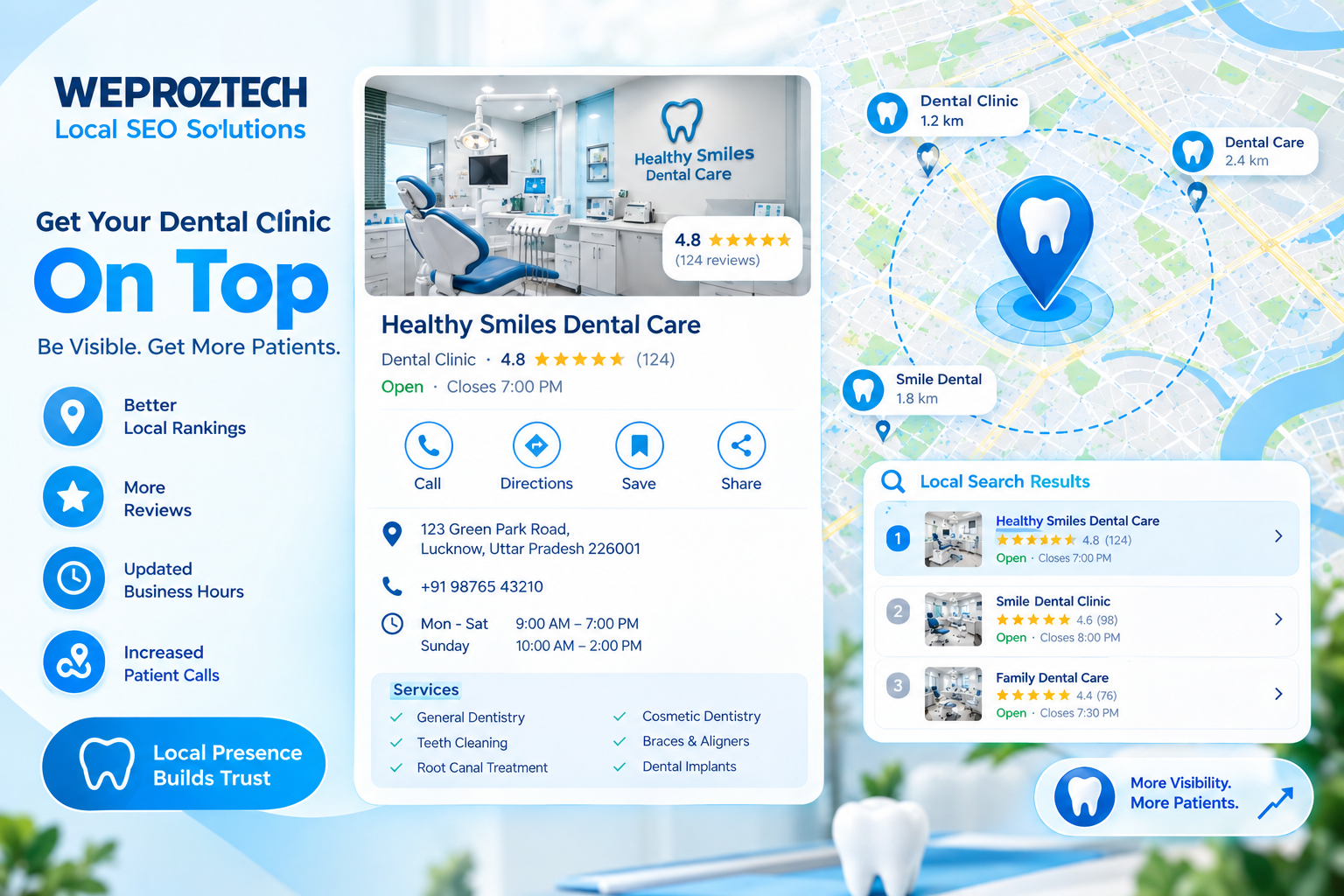Dental clinic Google Business Profile with local search rankings, reviews, business hours and map location