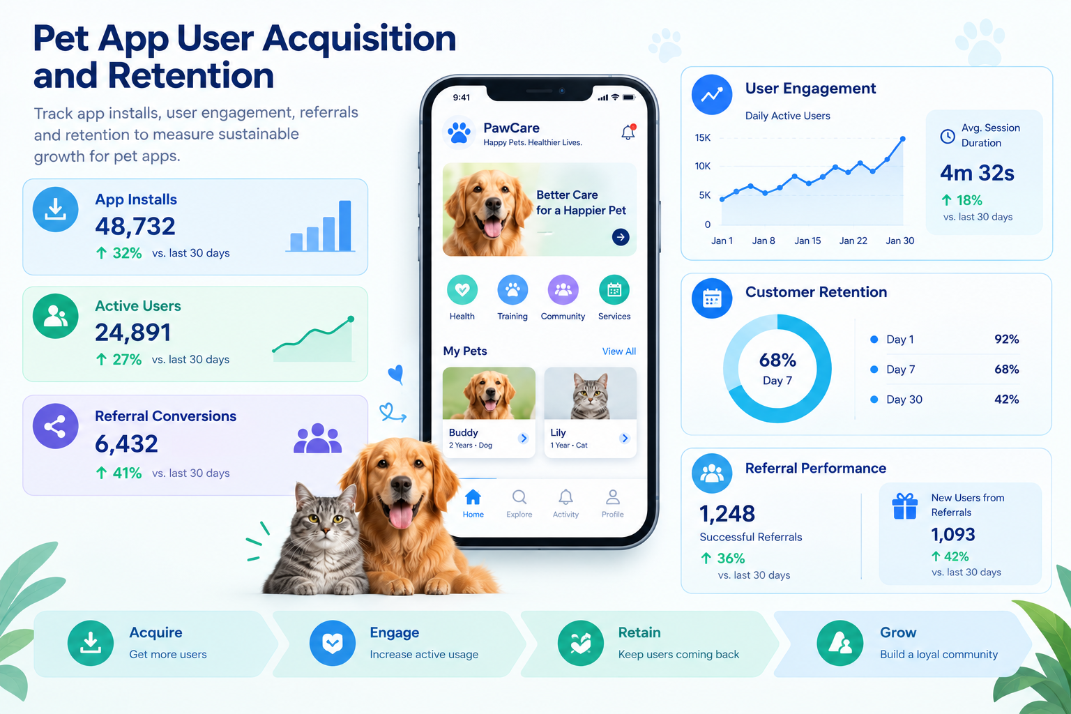 Pet app user acquisition and retention dashboard showing installs referrals engagement and customer retention metrics